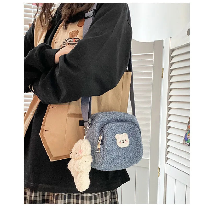 Bear Messenger Bag Women Plush Mobile Phone Bag Girls Small Shoulder Bag
