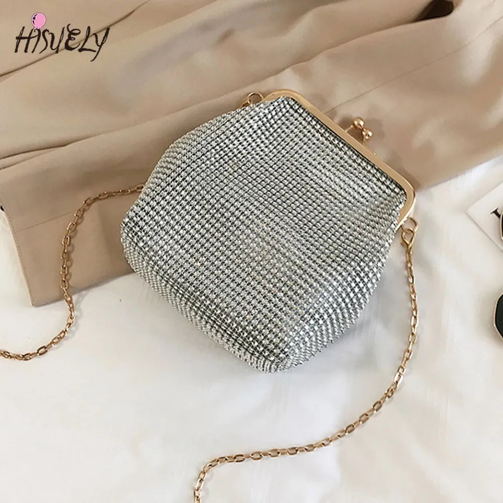 Metal Evening Bag with Chain Strap Women Diamonds Beaded Small Shoulder Bag