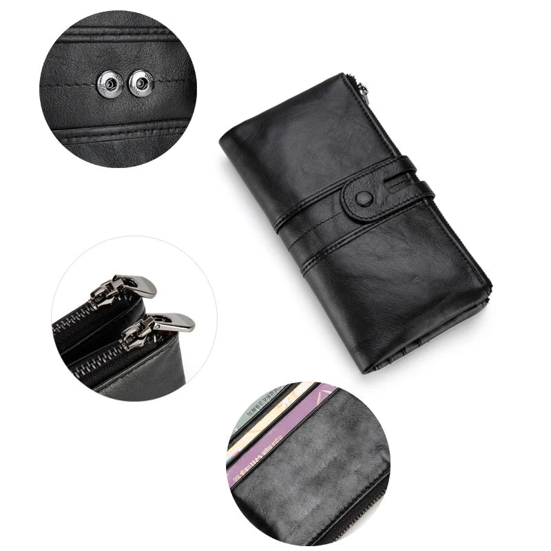 Women Oil Wax Wallets Female Leather Zipper Purse Long Phone Holder