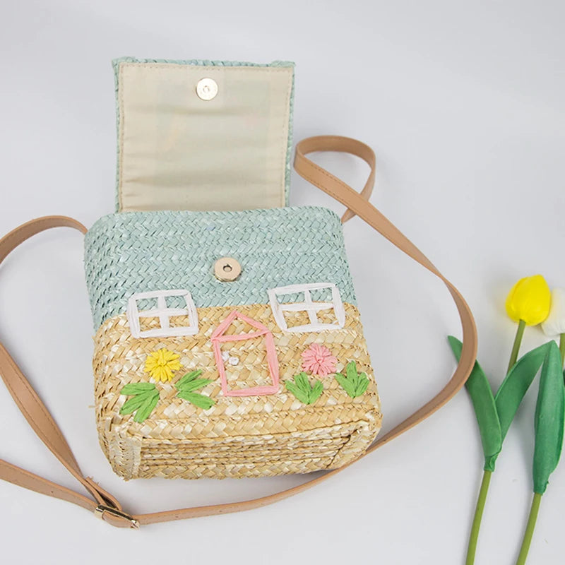 Kids Straw Handbag Small Woven Rattan Shoulder Bag Bamboo