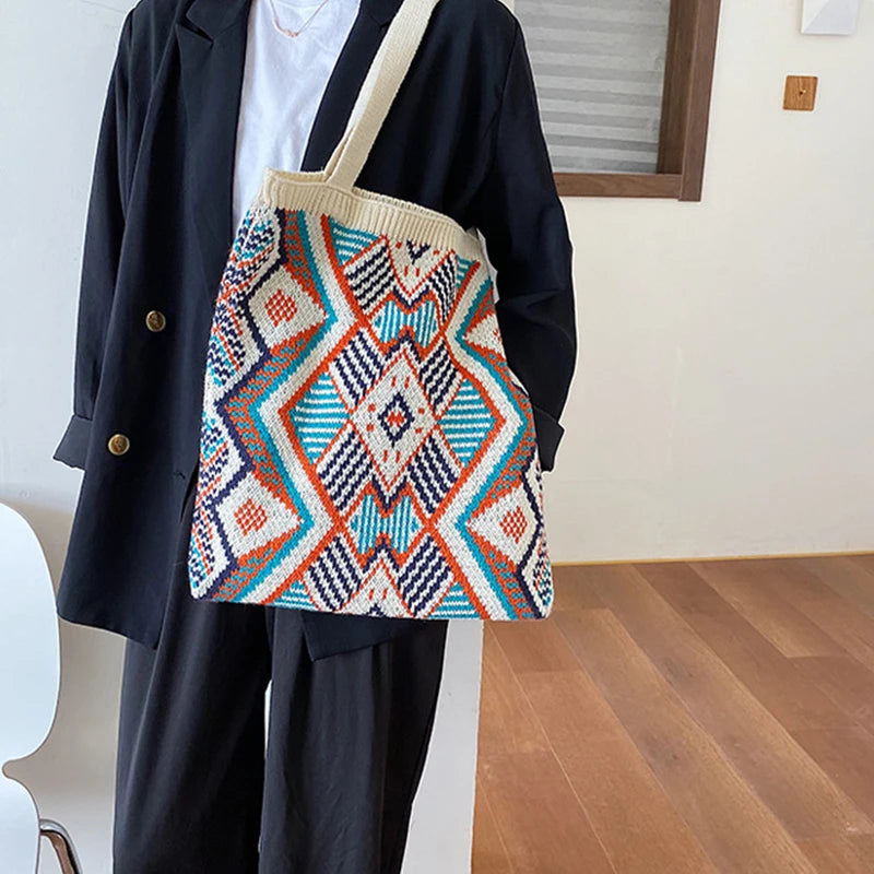 Geometric Patterns Knitting Shoulder Bag Large Capacity Handle Tote