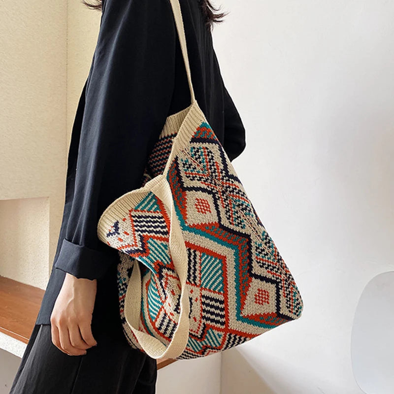 Geometric Patterns Knitting Shoulder Bag Large Capacity Handle Tote