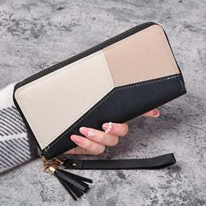 Geometric Patchwork Wallet Soft PU Leather Purse Long Tassel Wallets
