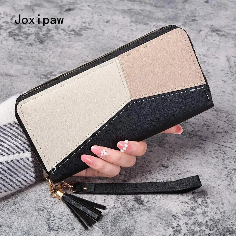 Geometric Patchwork Wallet Soft PU Leather Purse Long Tassel Wallets