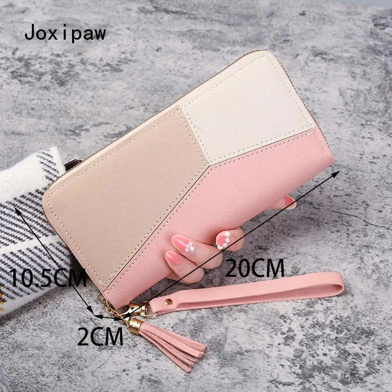 Geometric Patchwork Wallet Soft PU Leather Purse Long Tassel Wallets