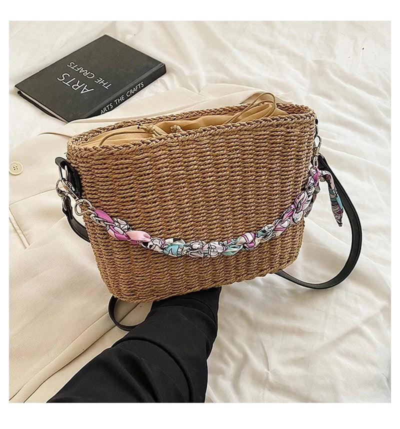 Straw Bucket Bag with Silk Scarf Handbag