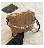 Straw Bucket Bag with Silk Scarf Handbag