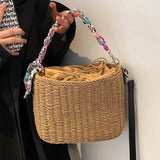 Straw Bucket Bag with Silk Scarf Handbag