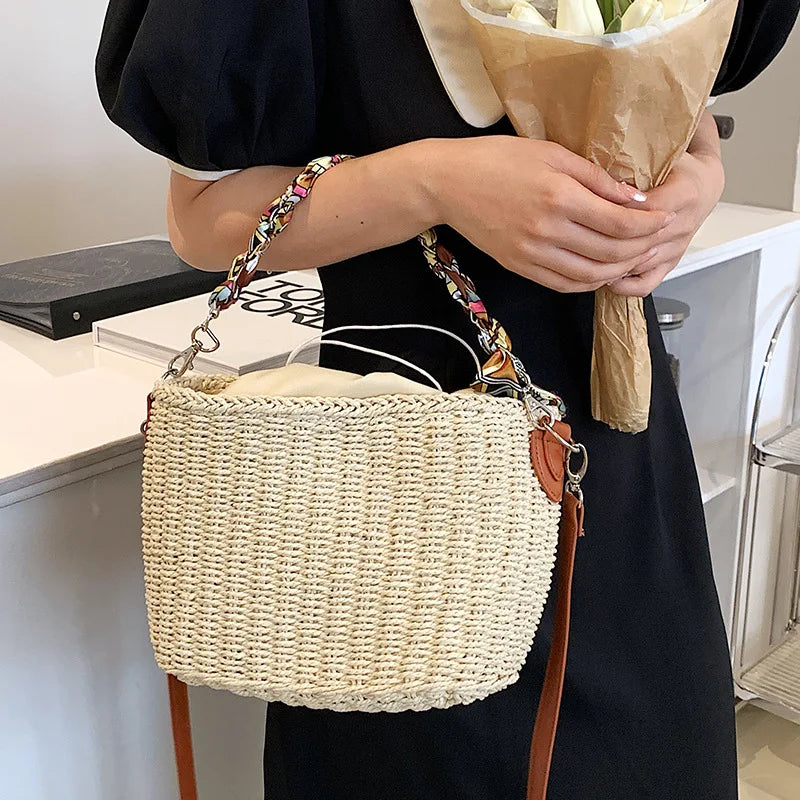 Straw Bucket Bag with Silk Scarf Handbag