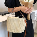 Straw Bucket Bag with Silk Scarf Handbag