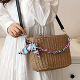 Straw Bucket Bag with Silk Scarf Handbag