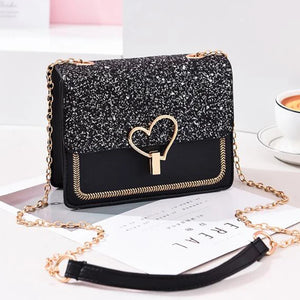 Chain Messenger Bag Women's Shoulder Bag Small Flap Sequin Leather Female Bag