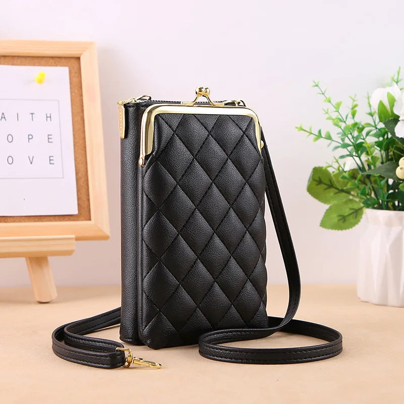 Women's Rhombus Mobile Phone Pocket Leather Messenger Purse
