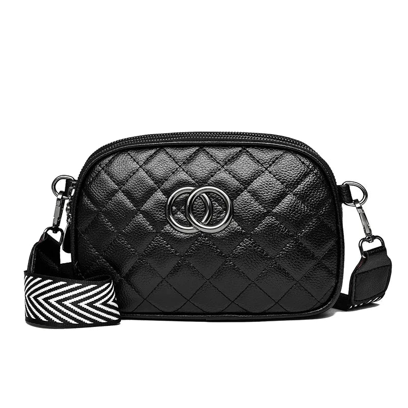 Zipper Leather Ring Buckle Square Diagonal Bag with Wide Shoulder Strap