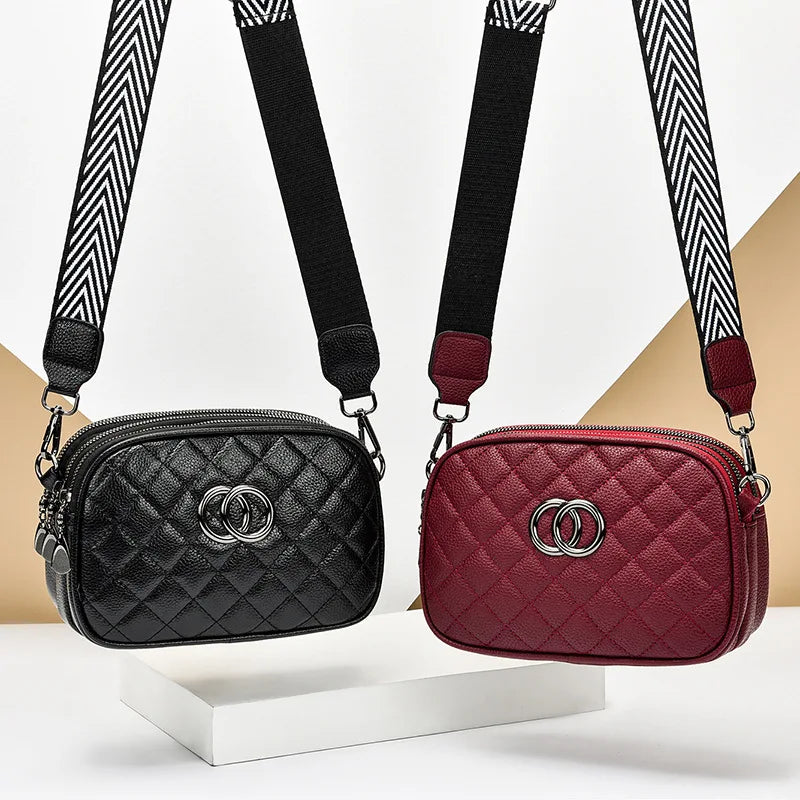 Zipper Leather Ring Buckle Square Diagonal Bag with Wide Shoulder Strap