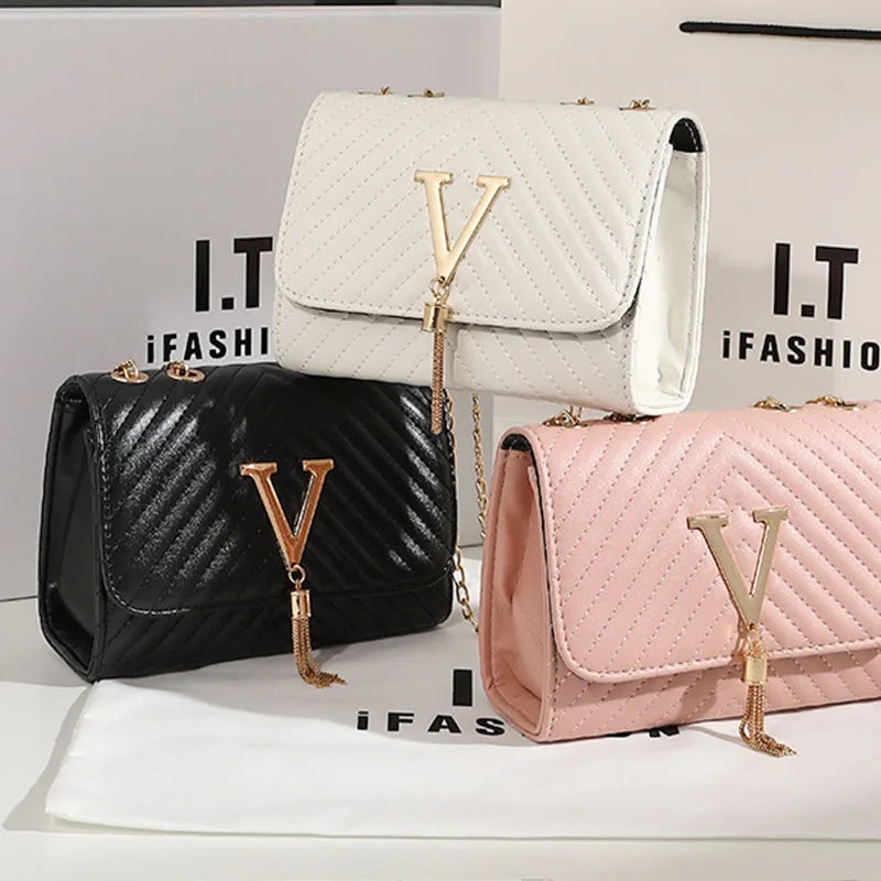 Rhombus Chain Ladies Bag Small Messenger Bag V Letter Tassel Crossbody