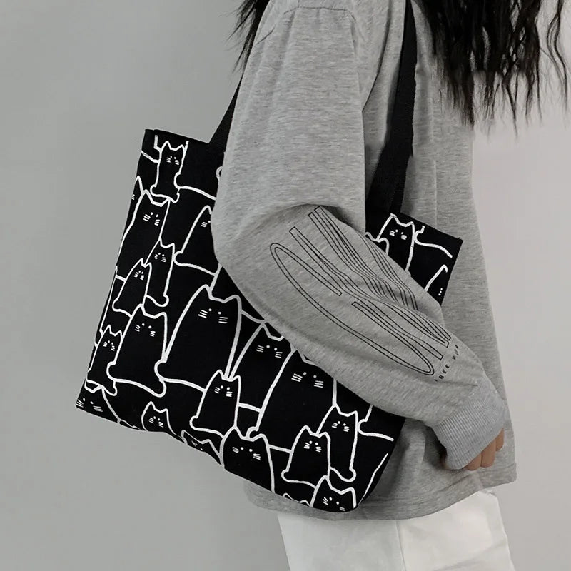 Spring Autumn Cat Tote Bag Small Canvas Handbag Zipper Shopper