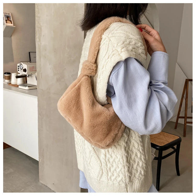 Soft Plush Women Shoulder Bag Faux Fur Small Underarm Clutch