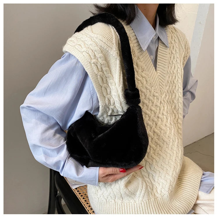 Soft Plush Women Shoulder Bag Faux Fur Small Underarm Clutch