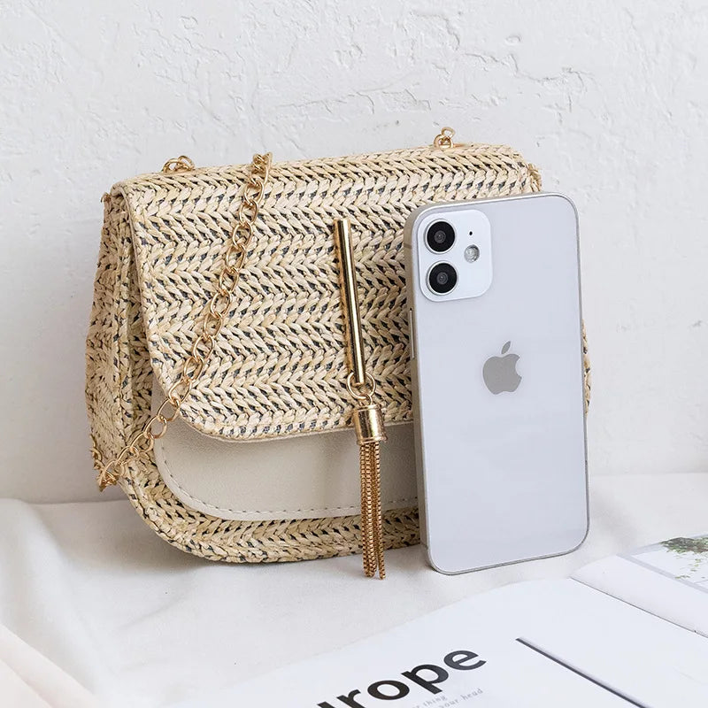 Summer Straw Shoulder Bag Beach Messenger Drawstring Small Handbag