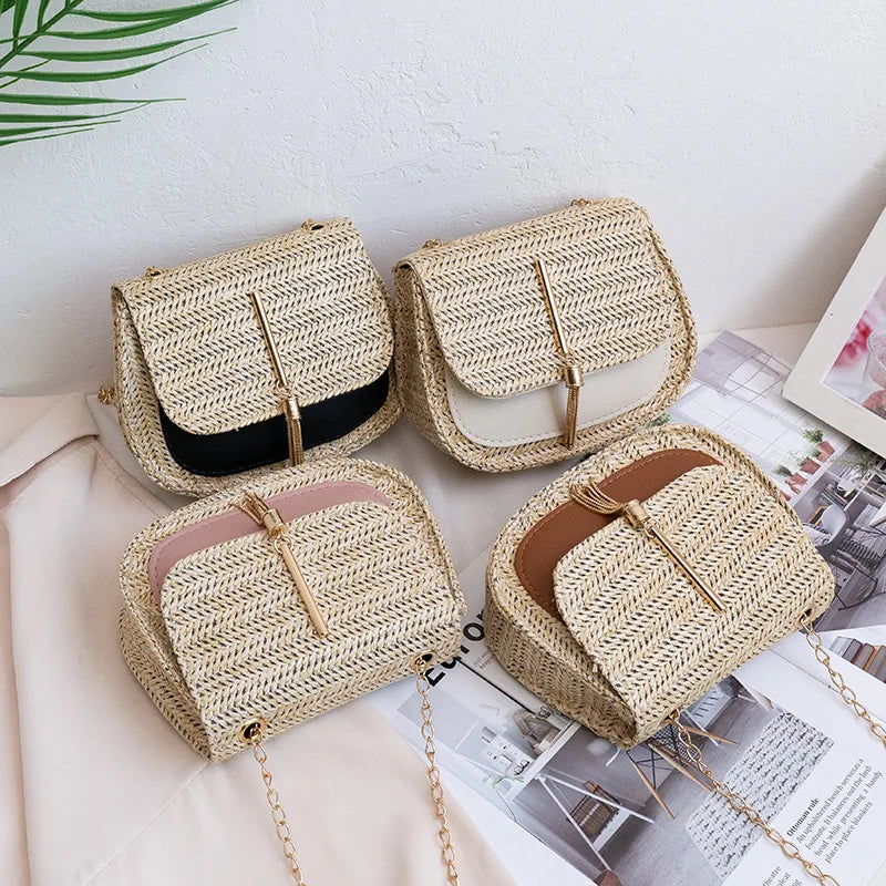 Summer Straw Shoulder Bag Beach Messenger Drawstring Small Handbag