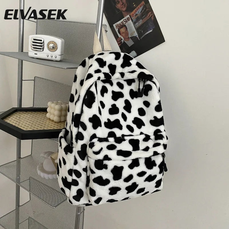 Winter Plush Backpack for Women Teenage Girls School Bag Cow Print Backpacks
