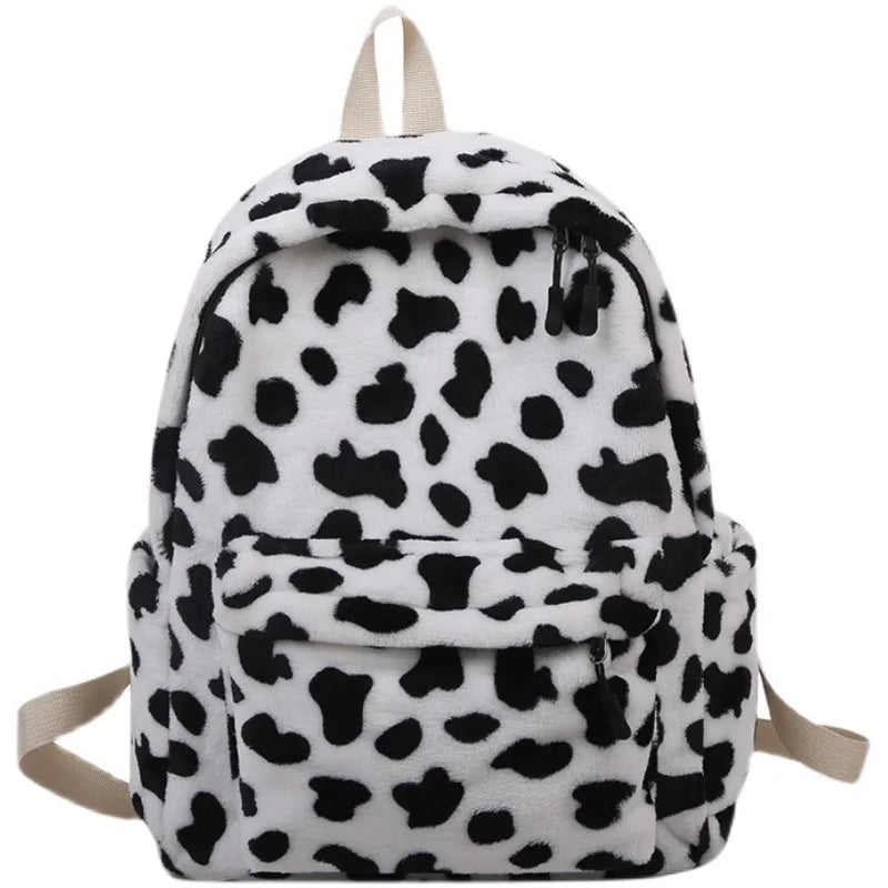 Winter Plush Backpack for Women Teenage Girls School Bag Cow Print Backpacks