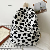 Winter Plush Backpack for Women Teenage Girls School Bag Cow Print Backpacks