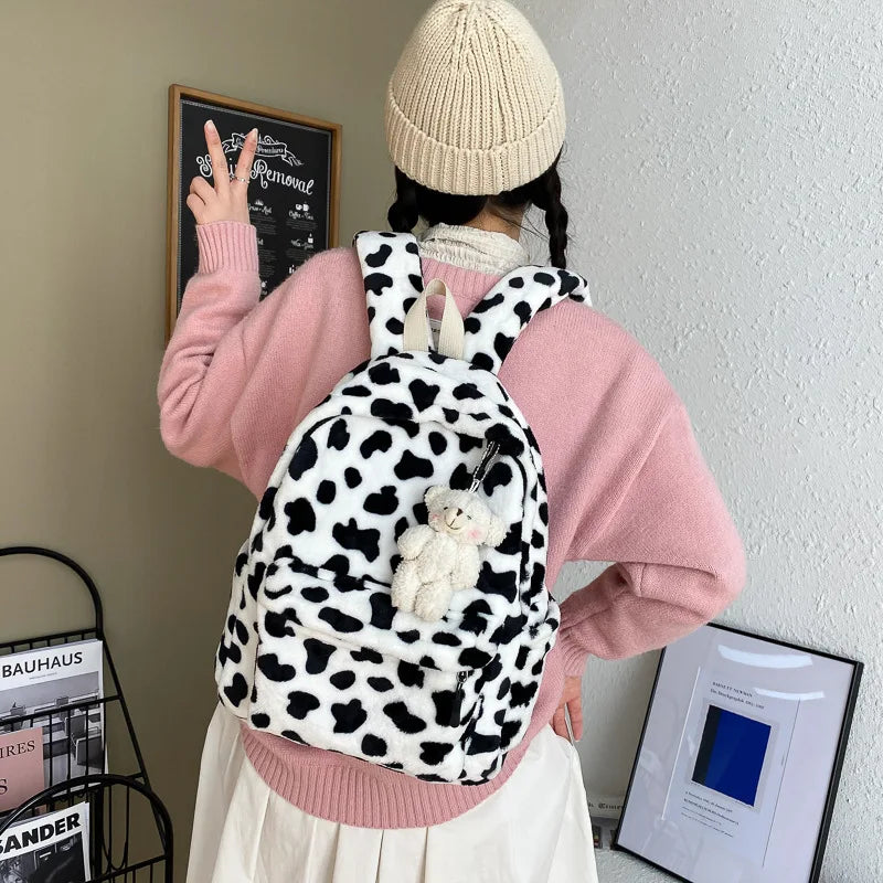 Winter Plush Backpack for Women Teenage Girls School Bag Cow Print Backpacks