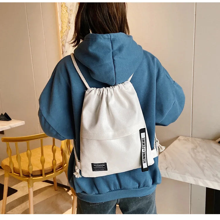 Casual Canvas Drawstring Backpack with Letter Pattern Closure