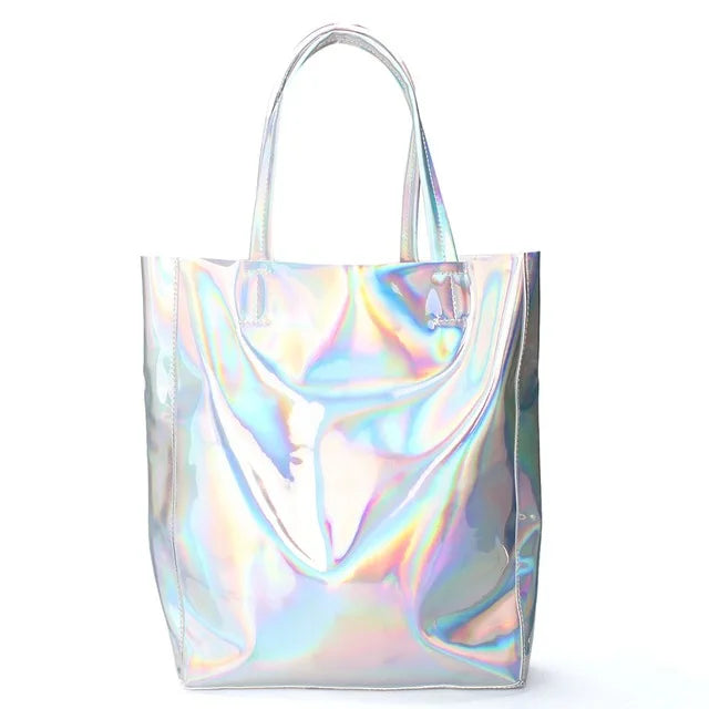 Women Laser Hologram Shoulder Bag Large Capacity Tote Silver