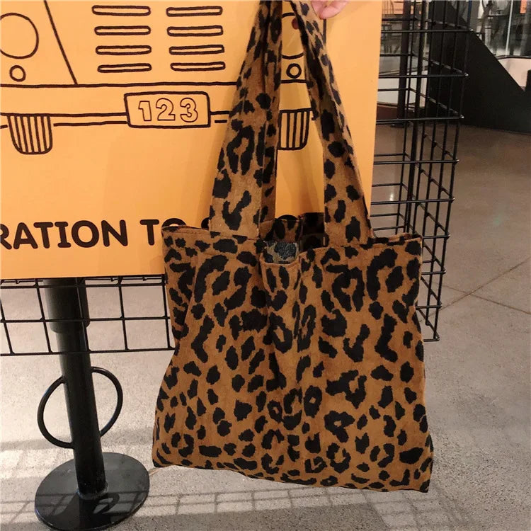 Leopard Corduroy One Shoulder Canvas Bag