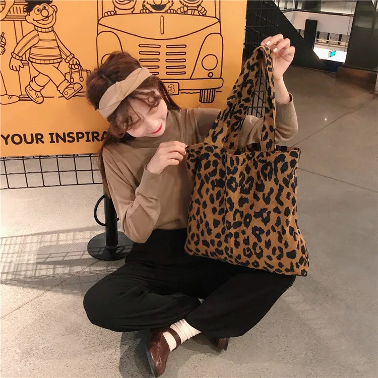 Leopard Corduroy One Shoulder Canvas Bag