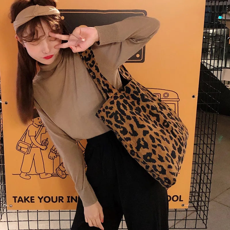 Leopard Corduroy One Shoulder Canvas Bag