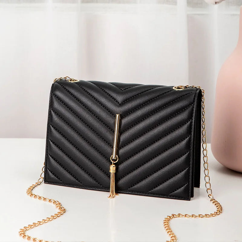 Women Metal Tassel Chain Shoulder Bag PU Leather Crossbody Handbag