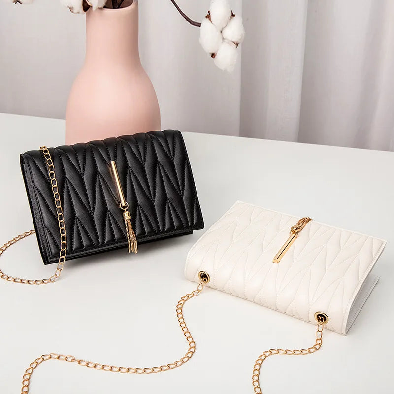 Women Metal Tassel Chain Shoulder Bag PU Leather Crossbody Handbag
