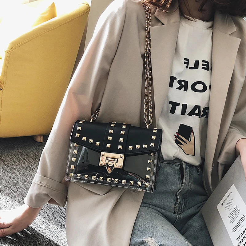 Small Pink Yellow PVC Rivet Women Handbag Soft Shoulder Bag