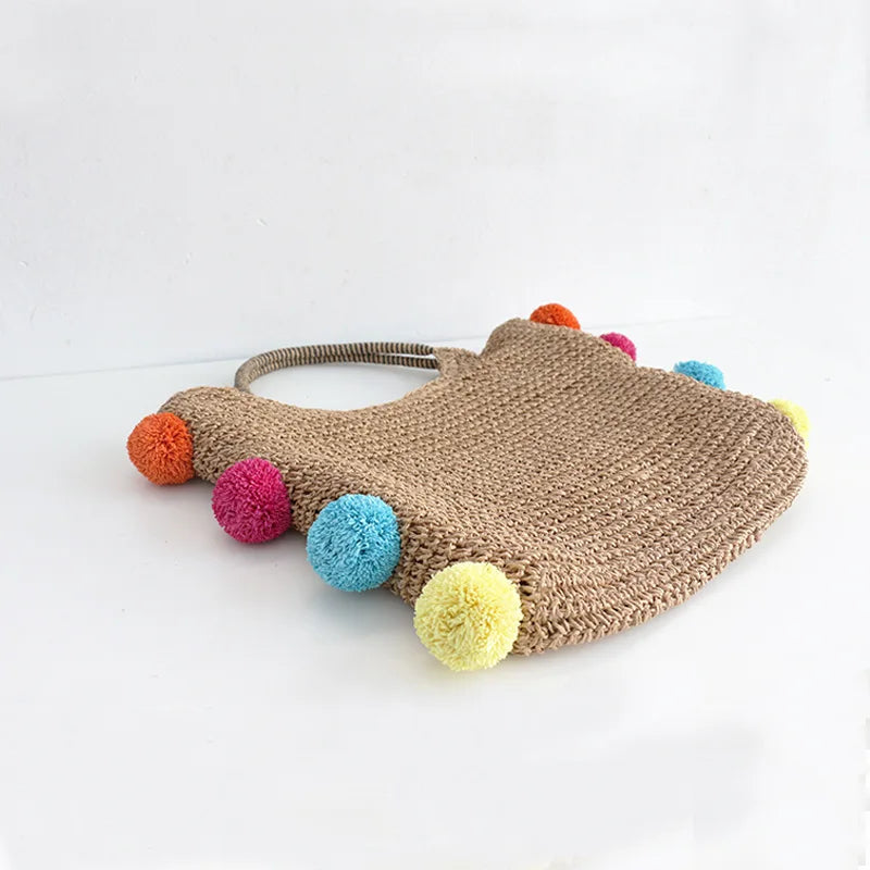 Round Straw Beach Bag with Furry Ball Vintage Paper Woven Circle Shoulder Bag