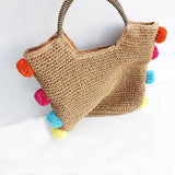 Round Straw Beach Bag with Furry Ball Vintage Paper Woven Circle Shoulder Bag