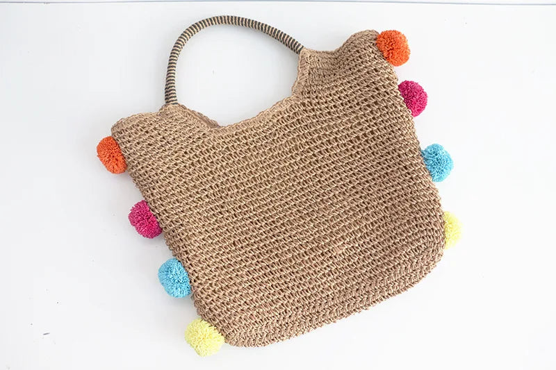 Round Straw Beach Bag with Furry Ball Vintage Paper Woven Circle Shoulder Bag