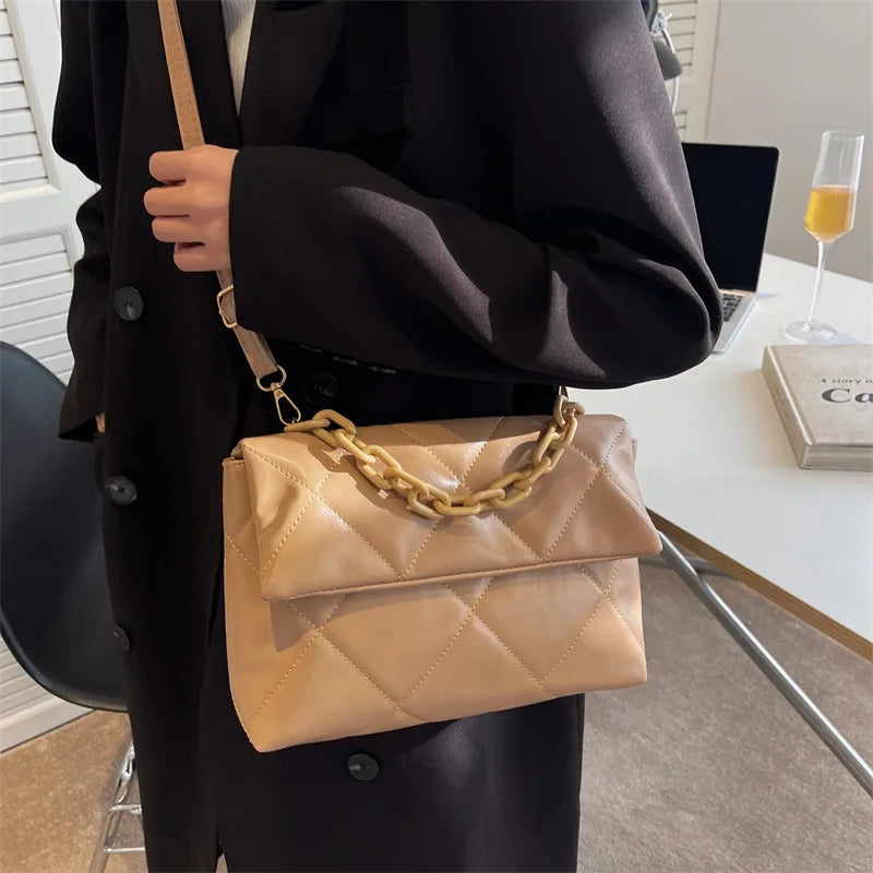 Spring Chain Women Shoulder Bag Plaid Pu Leather Crossbody Bags