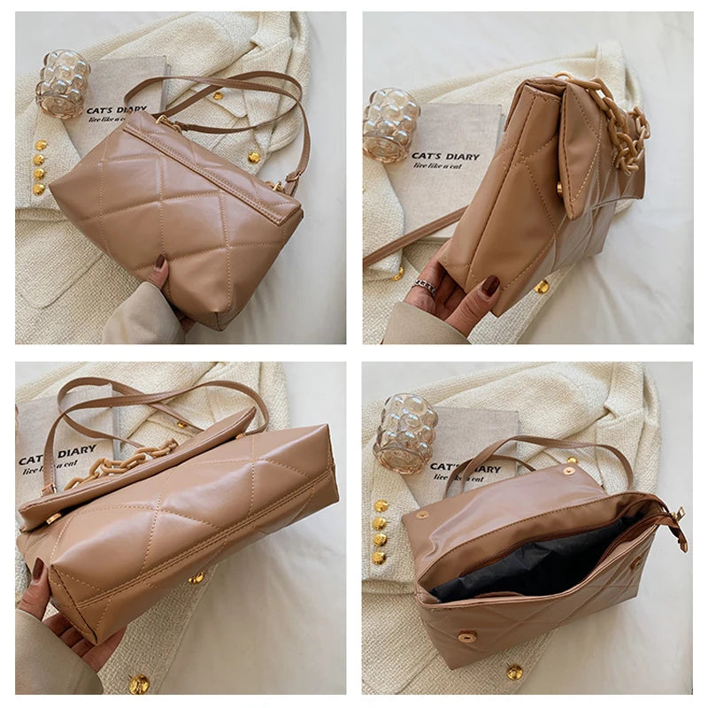 Spring Chain Women Shoulder Bag Plaid Pu Leather Crossbody Bags