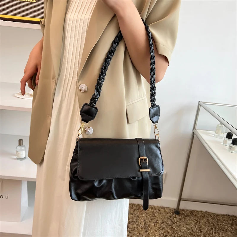 Spring Shoulder Bag with Knited Strap Fold Handbag