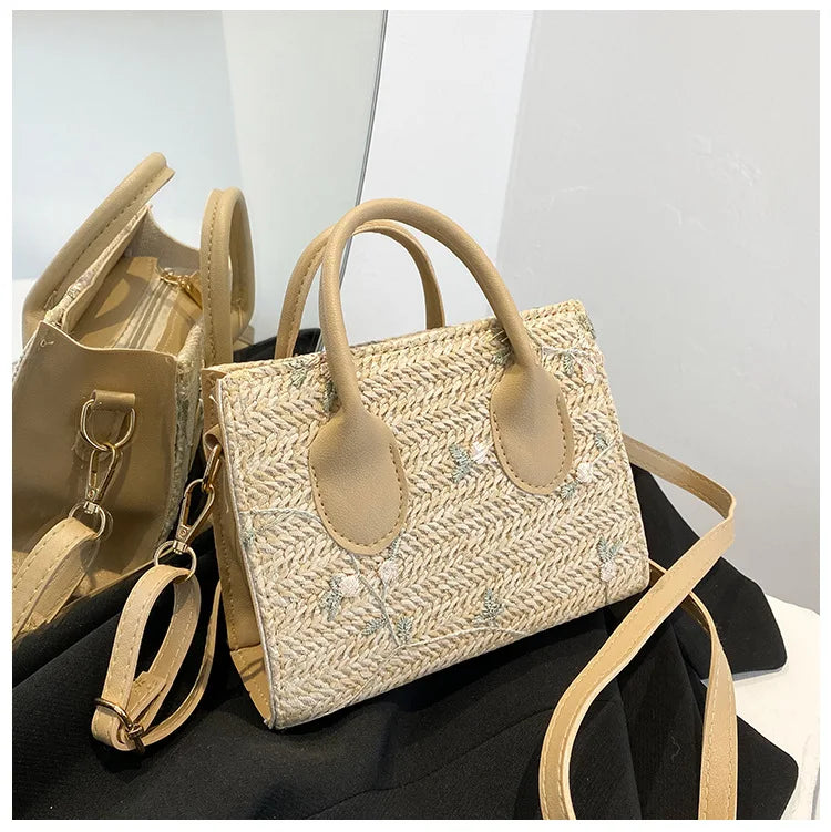 Summer Bohemia Women Straw Handbag Flower Embroidery Purse Rattan Handbags