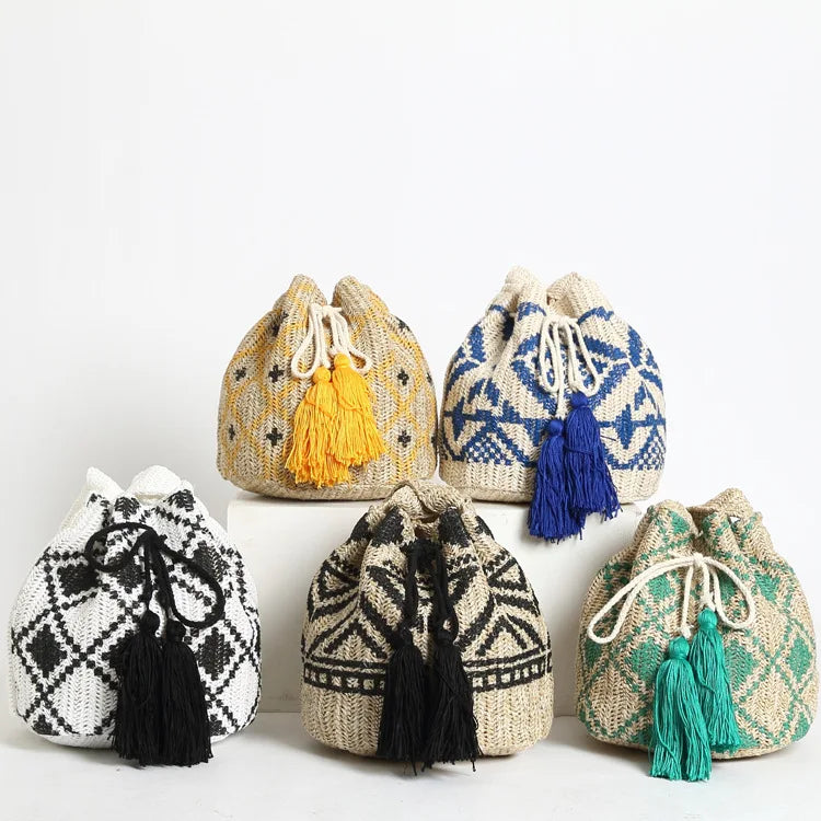 Bohemian Straw Woven Large Bucket Beach Bag