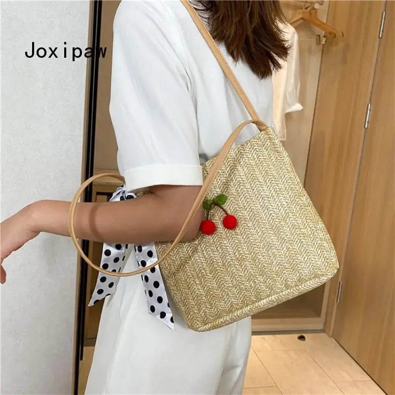 Summer Dot Silk Scarf Straw Shoulder Bag for Women