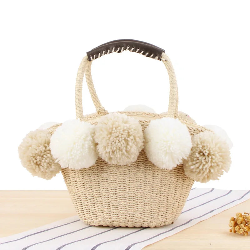 Straw Handbag Hairball Top-Handle Bag Vintage Crochet Totes Travel Beach Bags