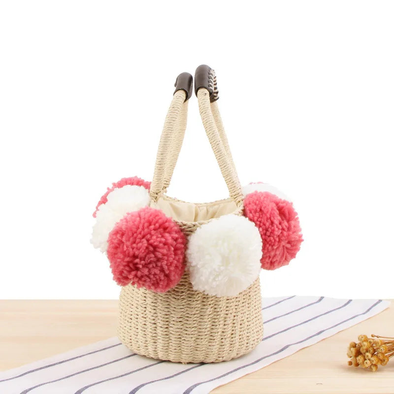 Straw Handbag Hairball Top-Handle Bag Vintage Crochet Totes Travel Beach Bags