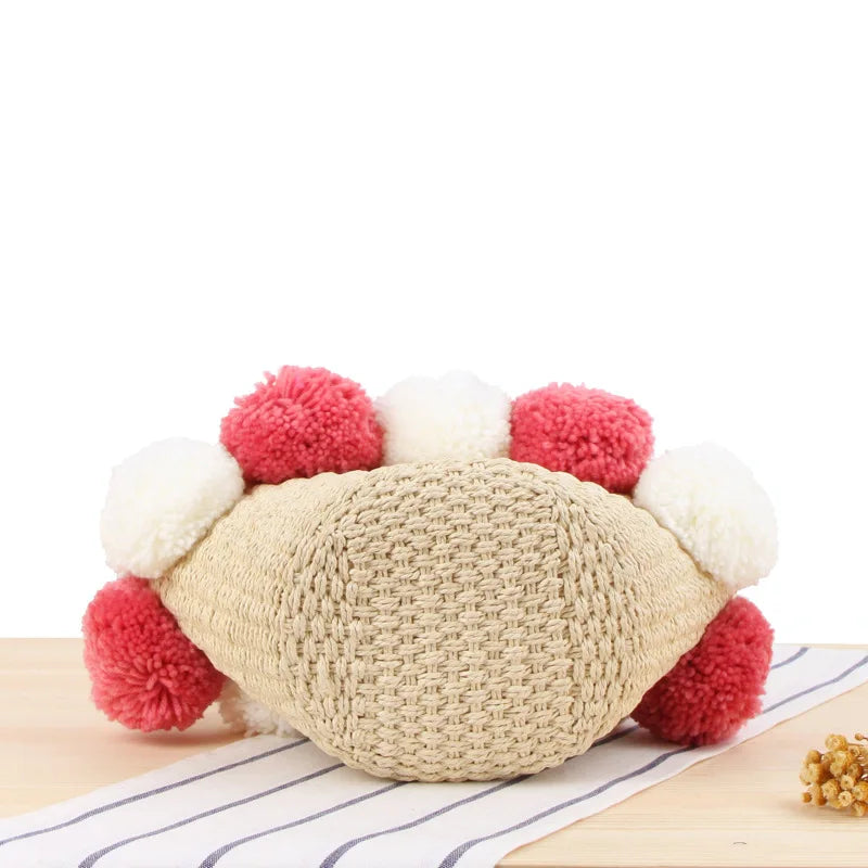 Straw Handbag Hairball Top-Handle Bag Vintage Crochet Totes Travel Beach Bags