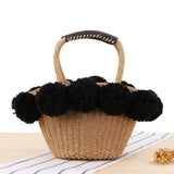 Straw Handbag Hairball Top-Handle Bag Vintage Crochet Totes Travel Beach Bags